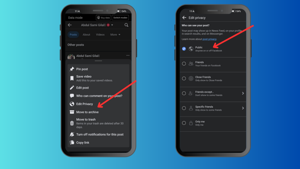 Schermata delle impostazioni della privacy di Facebook mobile che mostra varie opzioni di pubblico per la condivisibilità dei post.