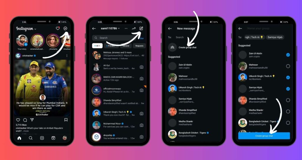Tutoriel étape par étape sur la création d'un chat de groupe sur Instagram.