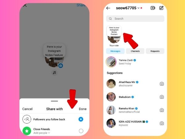 How to share a note with followers or close friends