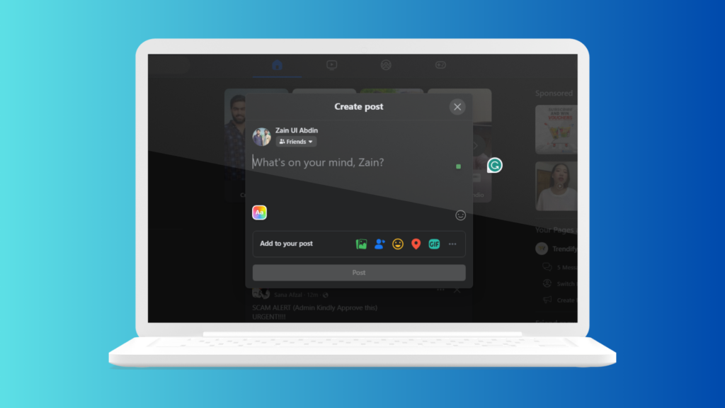 Creazione di un nuovo post di Facebook su desktop con visibilità delle impostazioni sulla privacy.