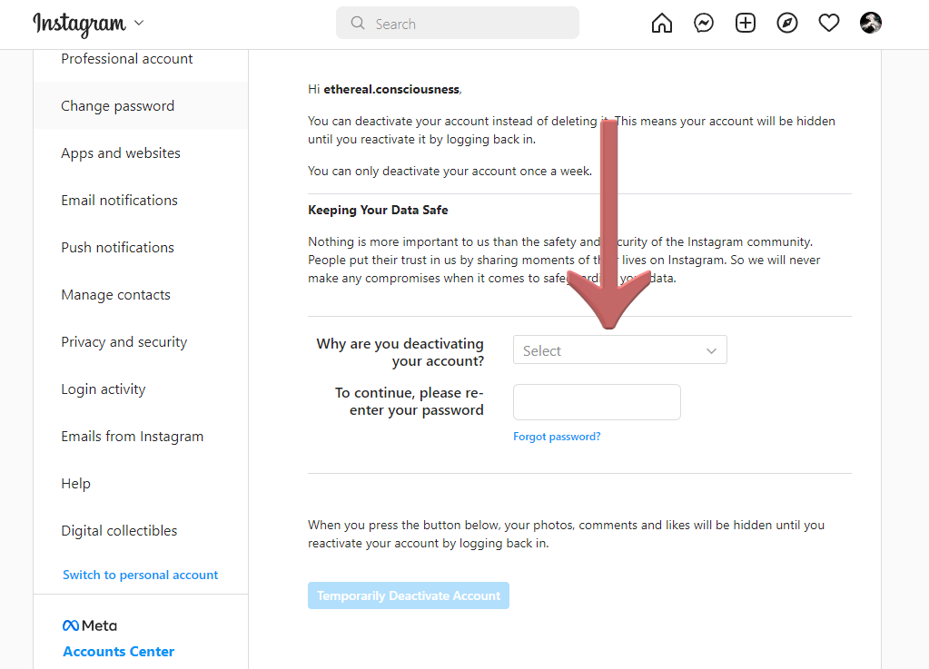 Select reason for deactivation