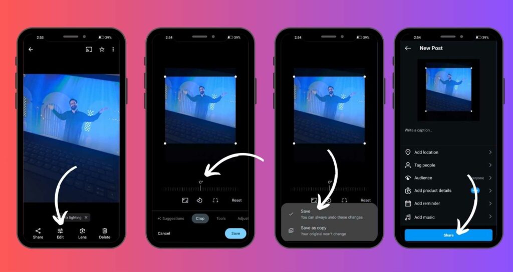 Step-by-step screens demonstrating how to make pictures fit on Instagram.