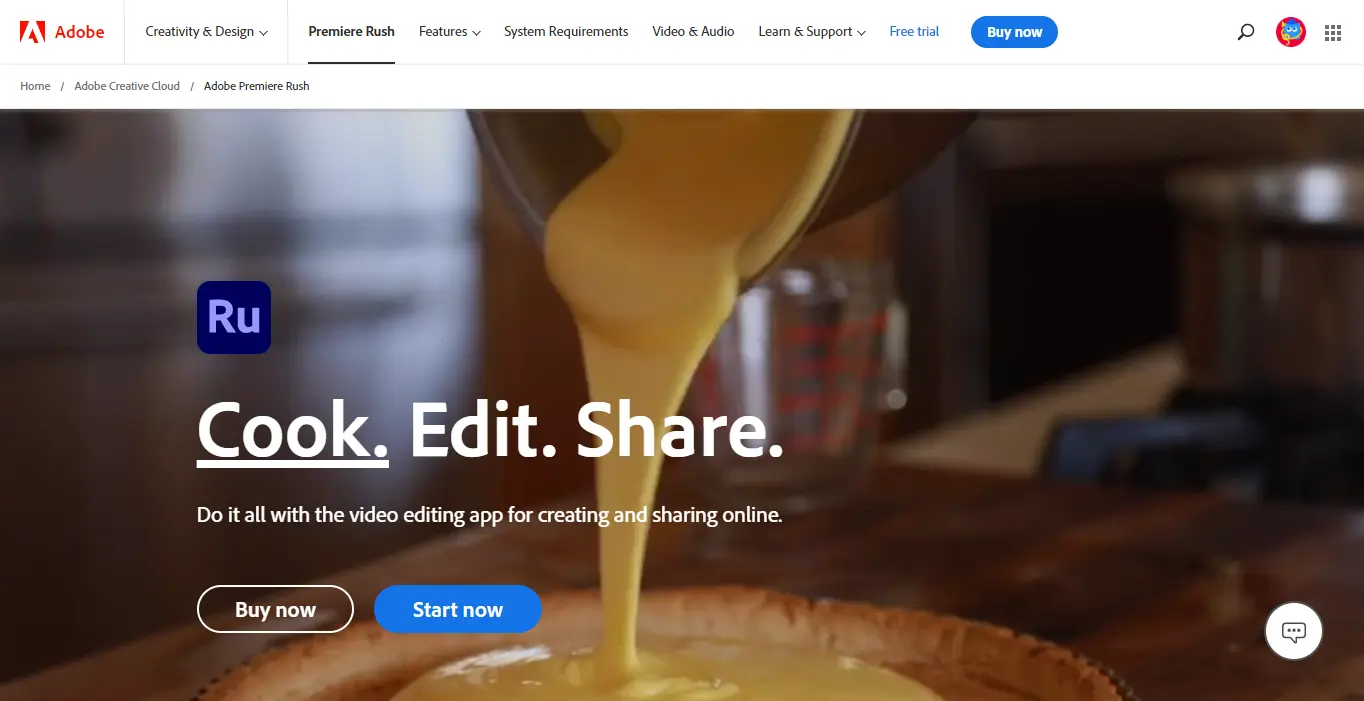 Page web d'Adobe Premiere Rush