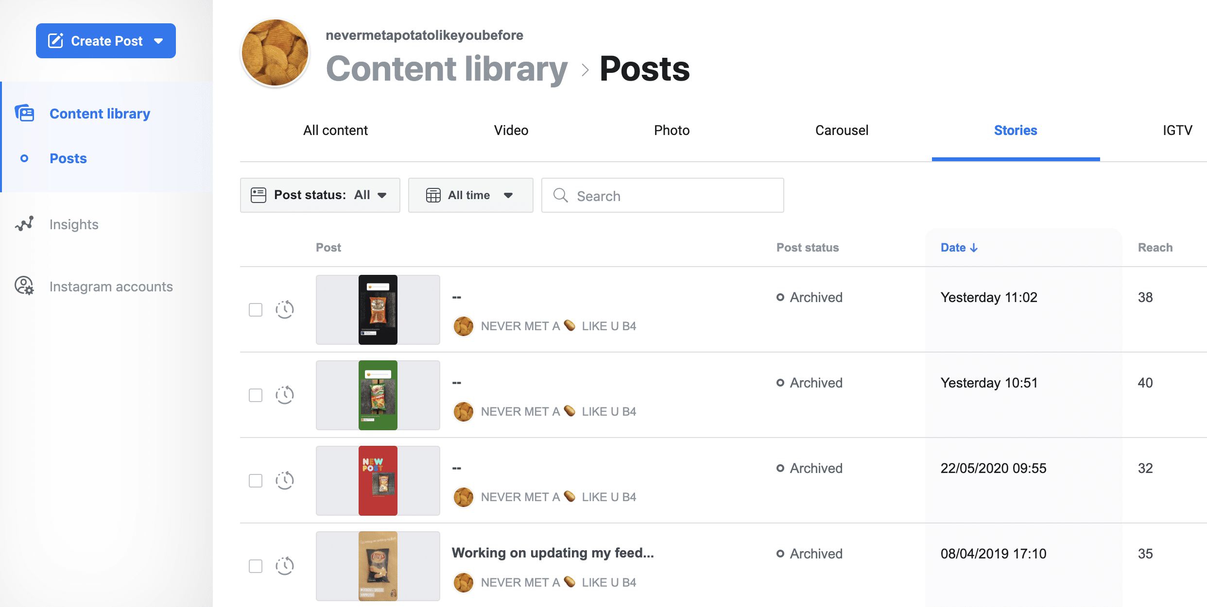 Pestaña Historias de la biblioteca de contenidos