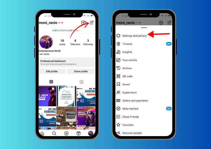 Aprite il profilo di Instagram e cliccate sulle tre linee per accedere alla scheda delle impostazioni.