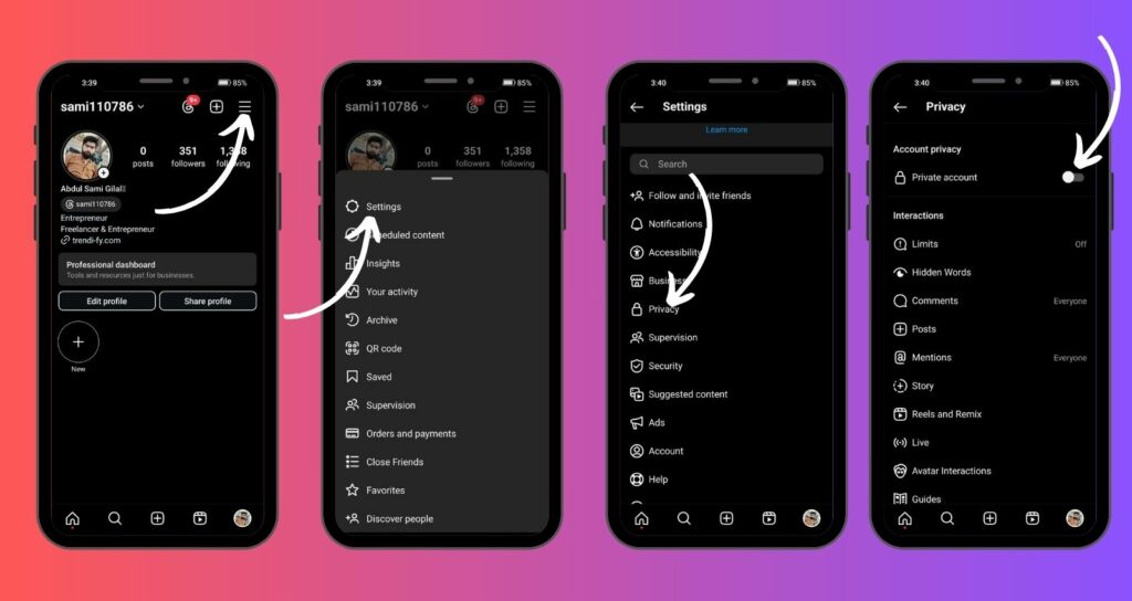 A sequence of four smartphone screens demonstrating how to navigate to the privacy settings on an Instagram profile.