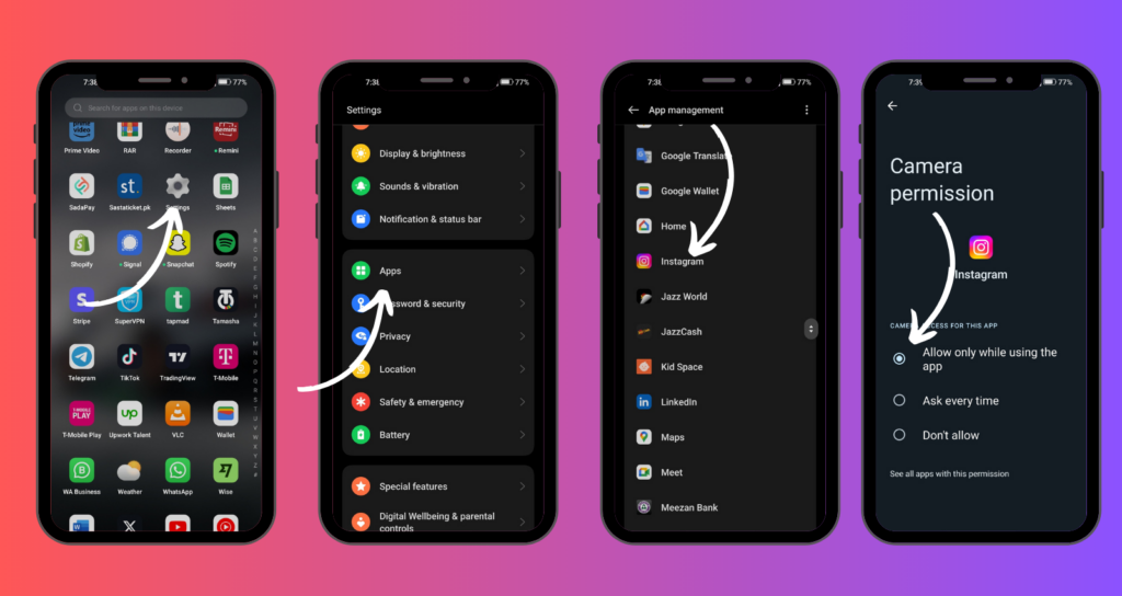 Un tutorial de cuatro pasos que se muestra en los teléfonos inteligentes para conceder permiso para utilizar una cámara de Instagram en un dispositivo Android.