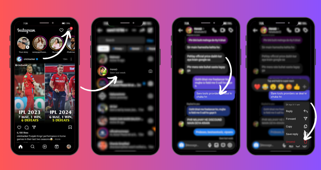  Un grafico a quattro pannelli che mostra come annullare l'invio di un messaggio su Instagram, rappresentato attraverso schermate di smartphone in sequenza.