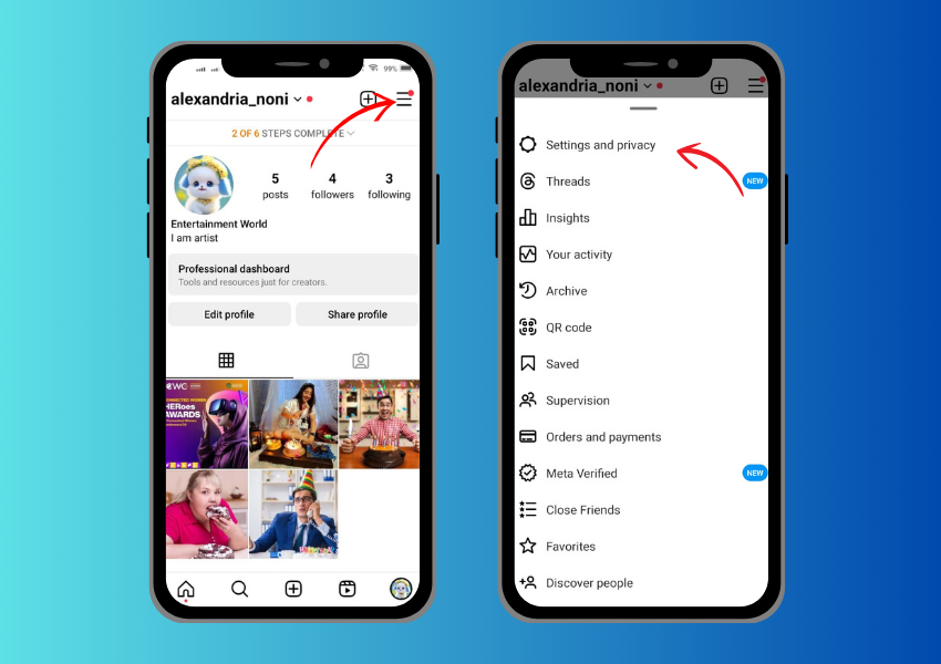 Vai all'opzione di impostazione di instagram