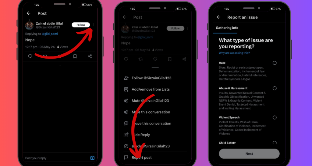 A series of three smartphone screens demonstrating the process of reporting an issue on Twitter, including selecting the type of issue.