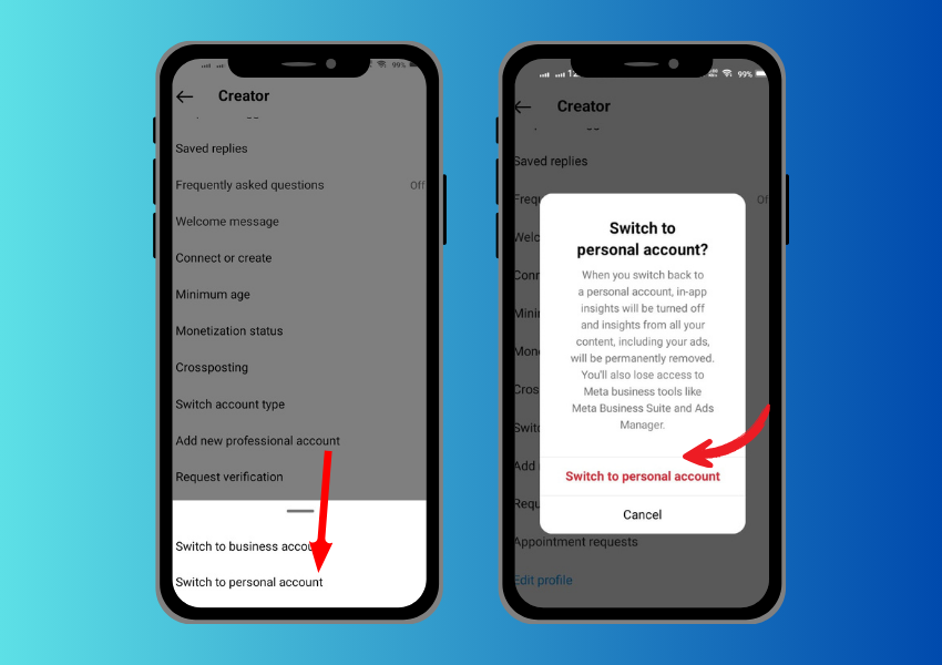 scegliere l'opzione di passaggio all'account personale dall'interfaccia delle impostazioni di instagram