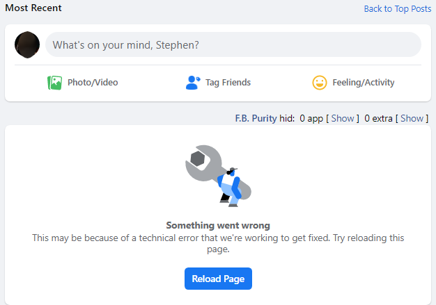 Algo deu errado” no Facebook