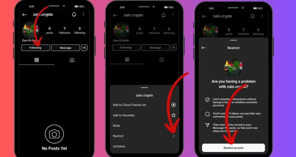 A series of three smartphone screens illustrating how to restrict a user's interactions on Instagram.