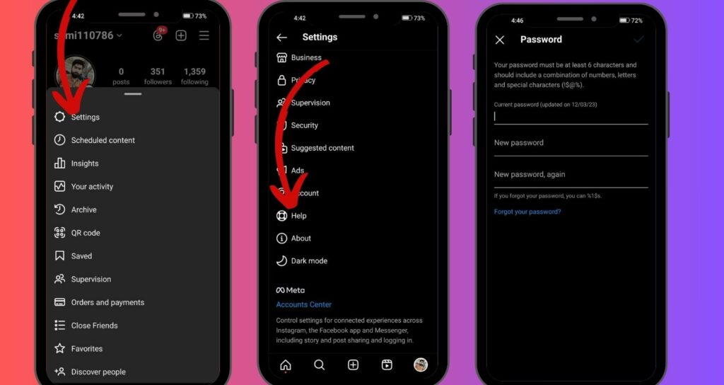 Una serie di tre schermate di smartphone che mostrano come cambiare una password su Instagram attraverso il menu delle impostazioni.