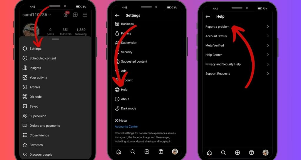 Una sequenza di tre schermate di smartphone che mostrano come navigare nella sezione Aiuto delle impostazioni di Instagram.