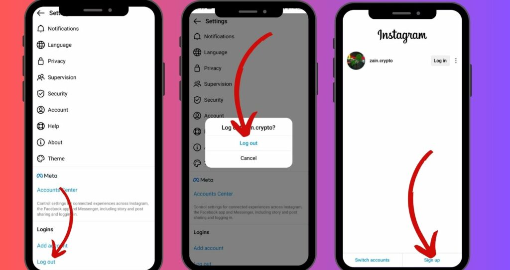 Una sequenza di tre schermate di smartphone che mostrano il processo di disconnessione da un account Instagram.
