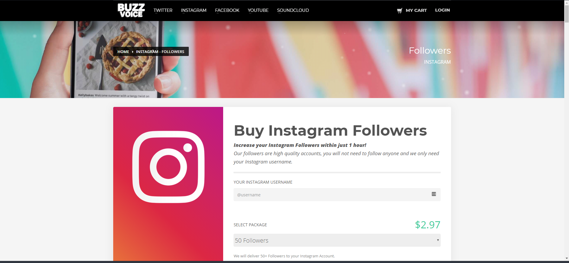 Página de BuzzVoice para aumentar los seguidores de Instagram