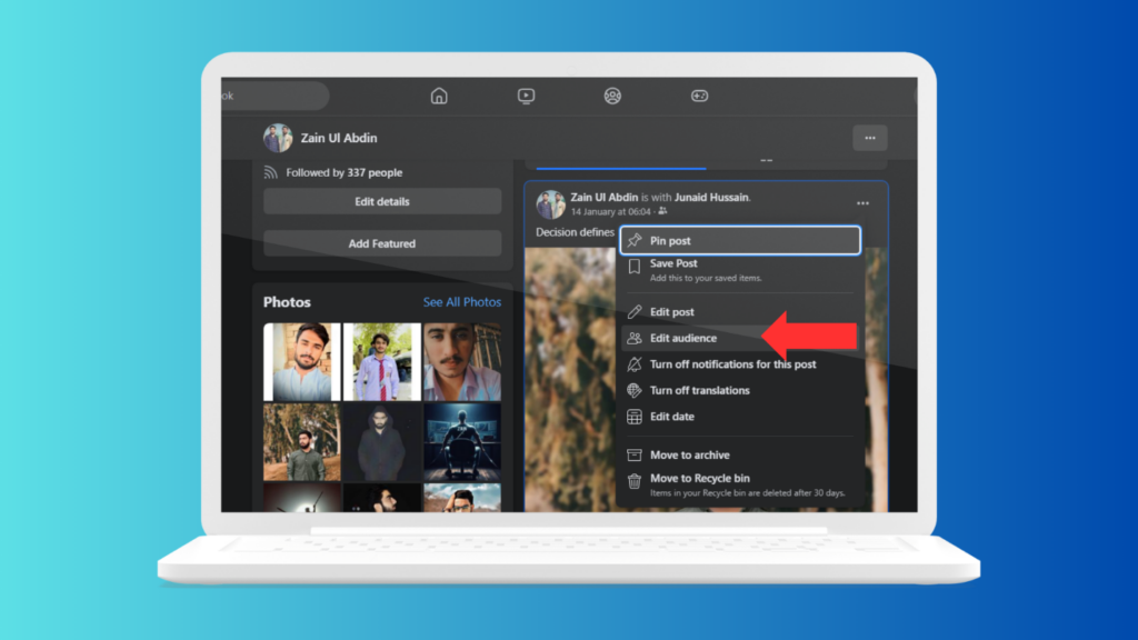 L'interfaccia desktop di Facebook mostra le opzioni per modificare le impostazioni sulla privacy del pubblico e dei post.