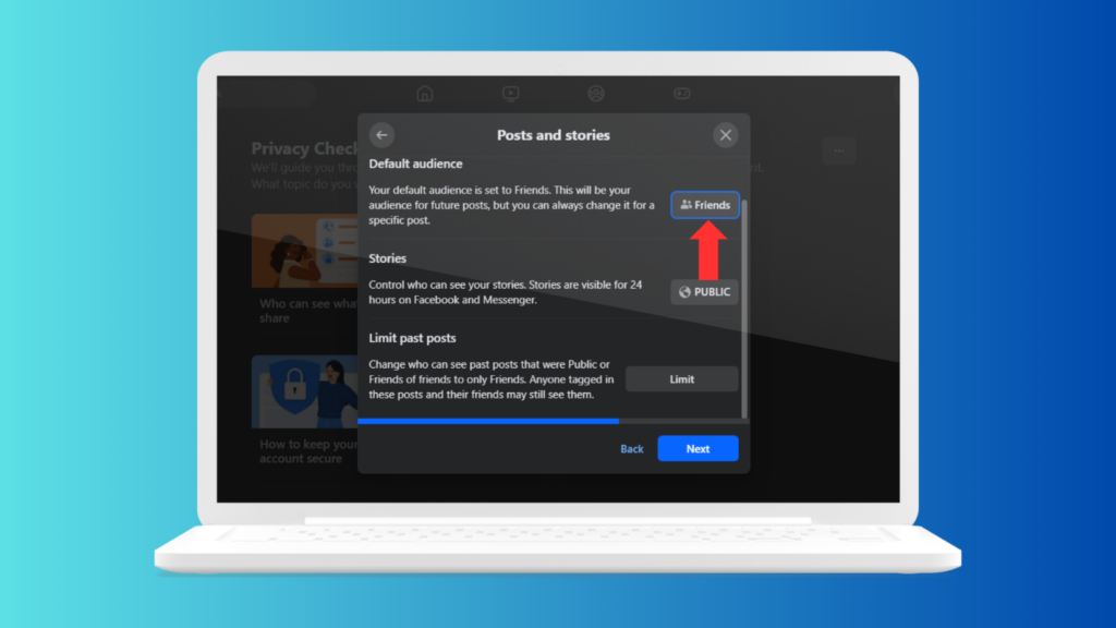L'interfaccia desktop di Facebook mostra le opzioni per modificare le impostazioni sulla privacy del pubblico e dei post.