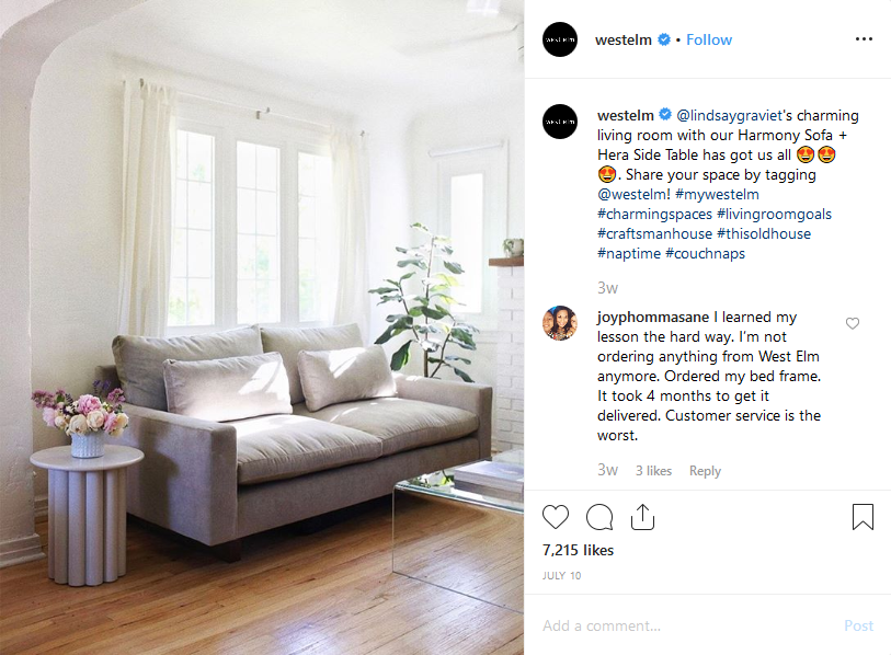 @westelm regularly shares UGCs shot by happy shoppers. The UGCs are of the shopper’s space setup beautified with pieces bought from West Elm.