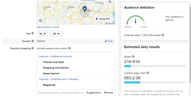 Facebook Ads manager: selecting audience interests