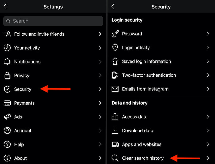 how to clear search history on instagram