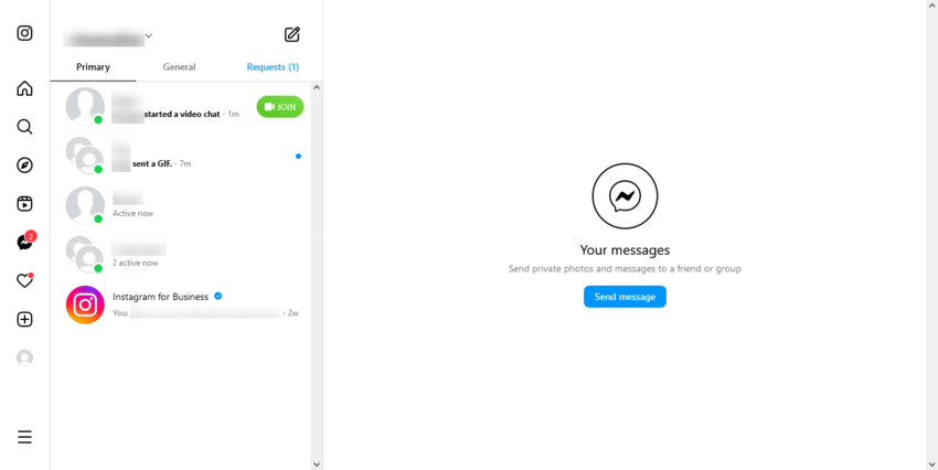 Chat list in Instagram Direct Inbox on Computer 