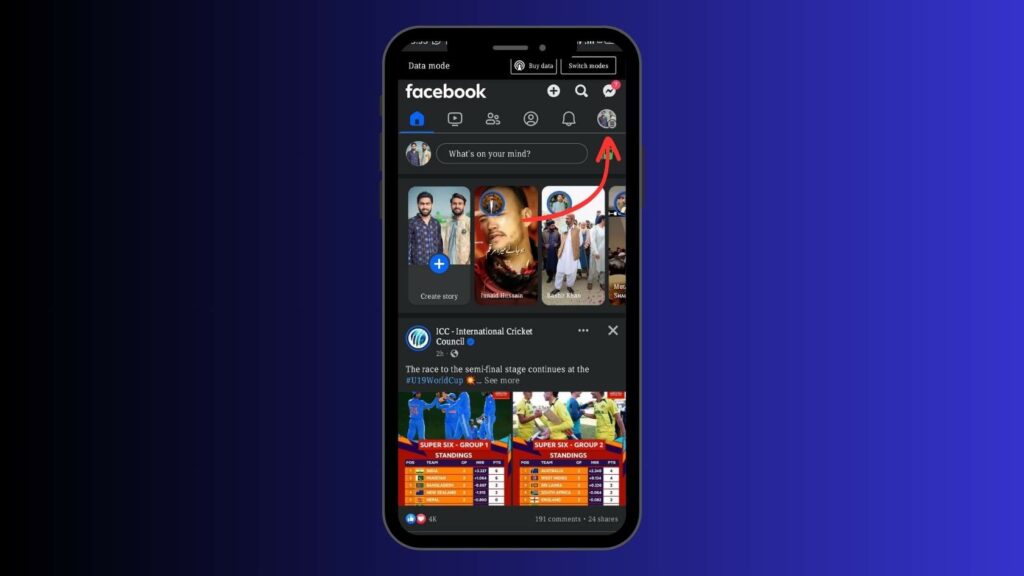 Screenshot of a Facebook app homepage on a smartphone with user profiles and a cricket post in the news feed.