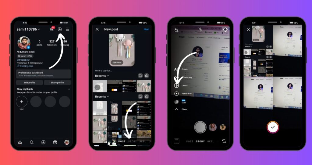 Step-by-step screenshots illustrating 'How To Make A Collage On Instagram Story', featuring a user profile and the Instagram interface.