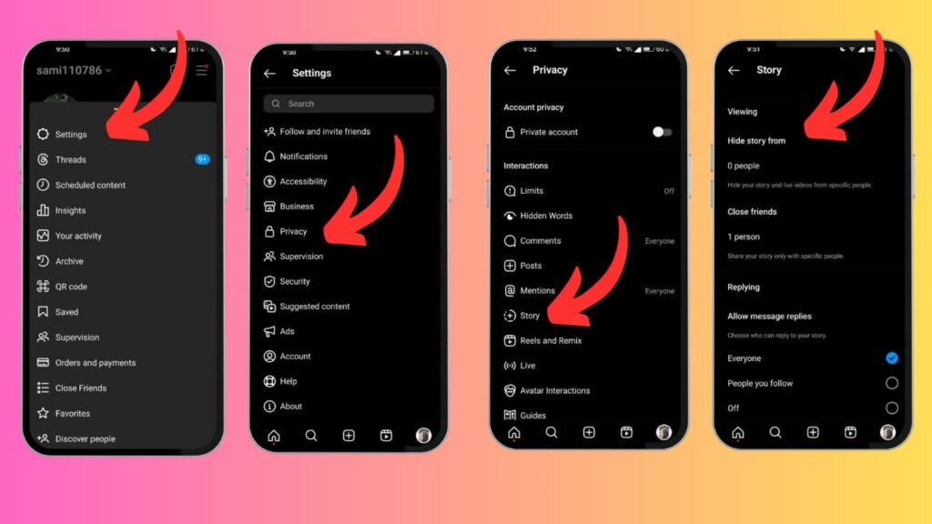 Instagram privacy settings navigation to adjust story visibility.