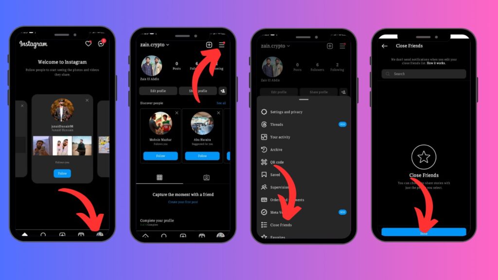 Step-by-step tutorial showing how to access the Close Friends feature on Instagram, highlighted with red arrows and a blue 'Done' button.