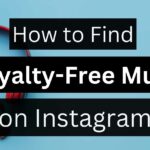 Guide on finding royalty-free music on Instagram against a vibrant blue background with musical notes.