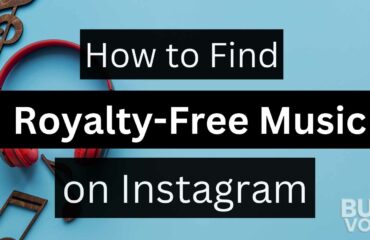 Guide on finding royalty-free music on Instagram against a vibrant blue background with musical notes.