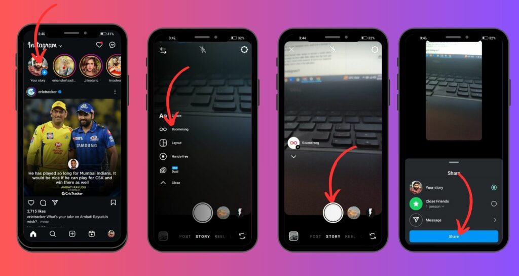 Screenshots illustrating the steps to create a Boomerang on Instagram.