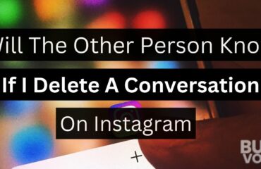 An infographic questioning if deleting a conversation on Instagram notifies the other person, featuring a smartphone with the Instagram app open.