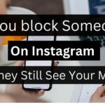 An infographic asking if someone blocked on Instagram can still see messages, showing a person holding a smartphone with Instagram open.