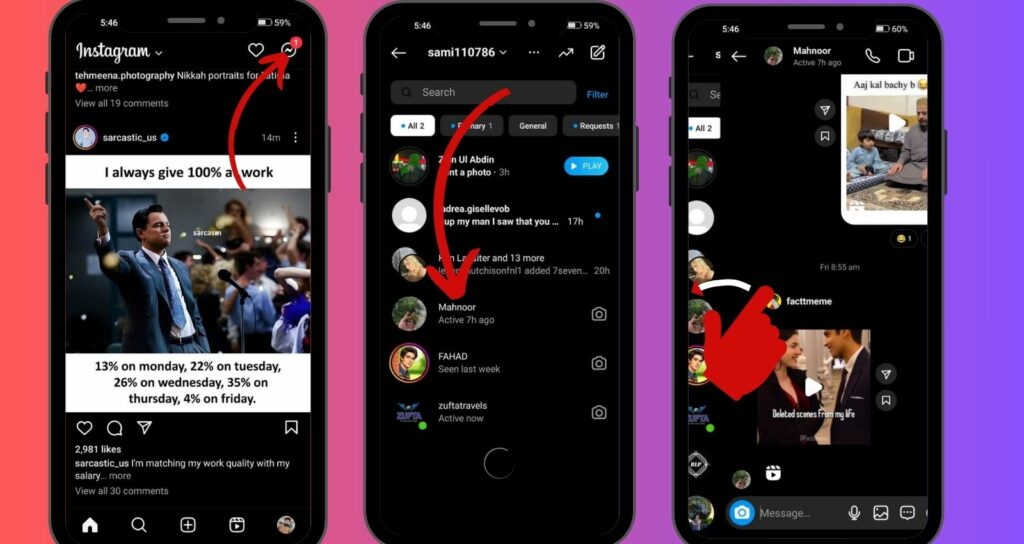 A series of three smartphone screens demonstrating various Instagram interactions, including viewing posts, navigating messages, and watching a story.