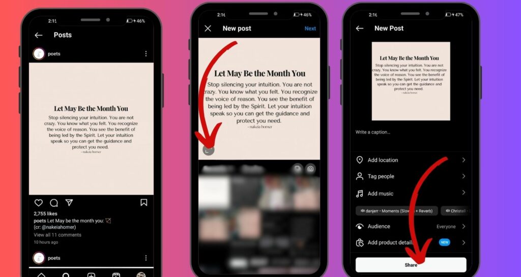 A series of three smartphone screens displaying the steps to create and share a new post on Instagram with a motivational quote.