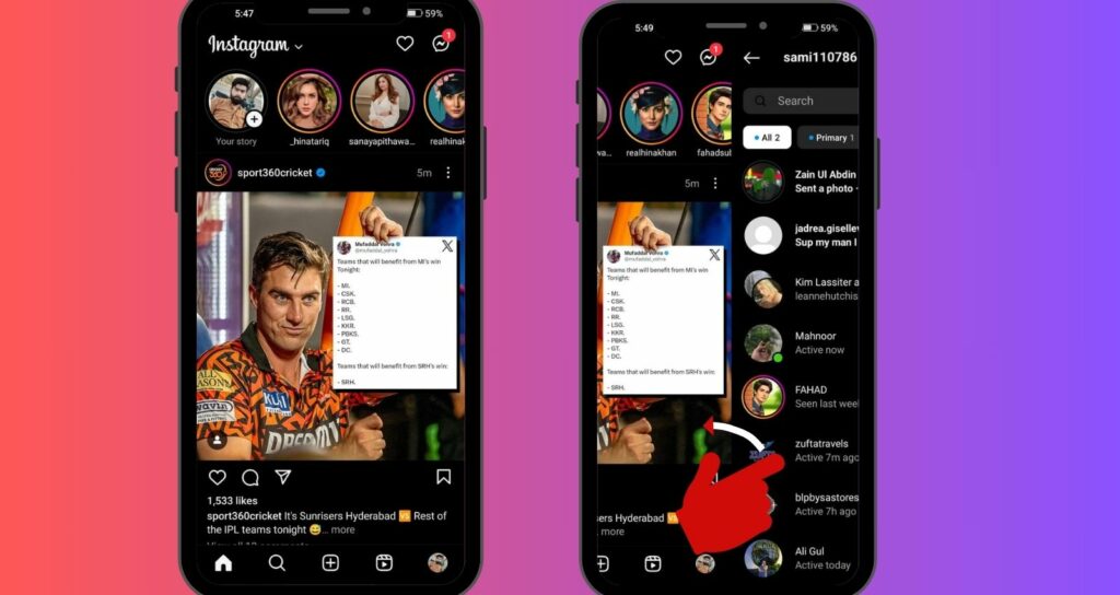 A sequence of two smartphone screens displaying Instagram features, one showing a feed with stories and posts, and the other showing message notifications.