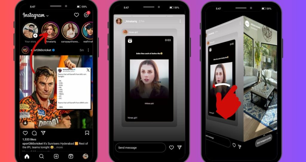 A series of three smartphone screens showcasing interactions with Instagram stories, from viewing a feed, engaging with a story, to responding to a story.