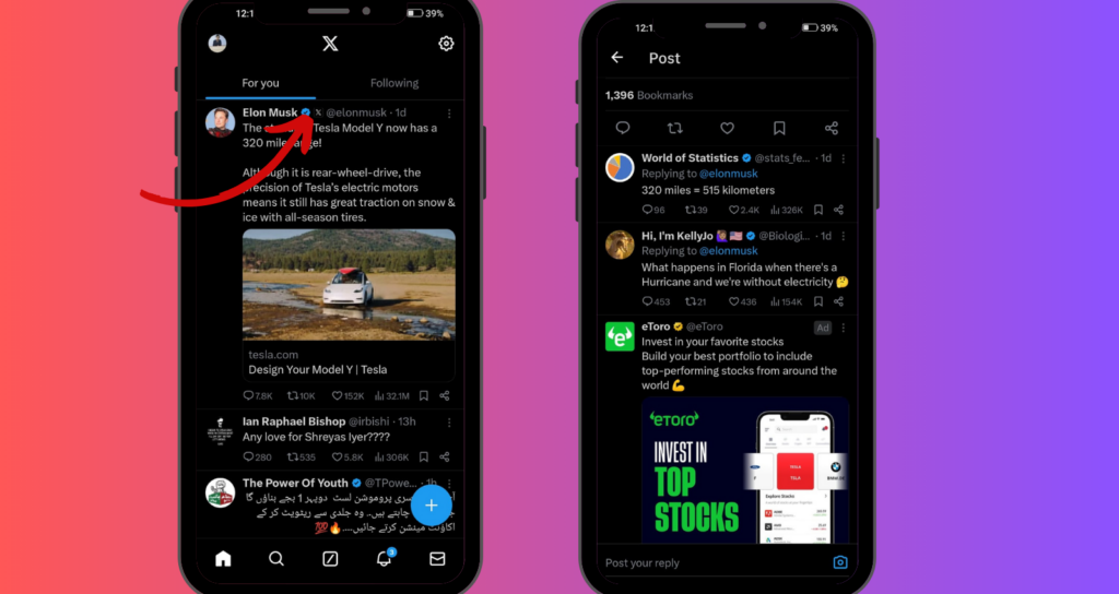  A pair of smartphone screens showing how to view and interact with comments on a Twitter post.