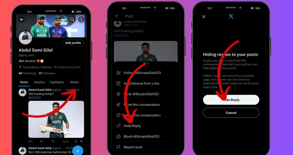 A sequence of three smartphone screens demonstrating how to hide replies to your posts on Twitter.