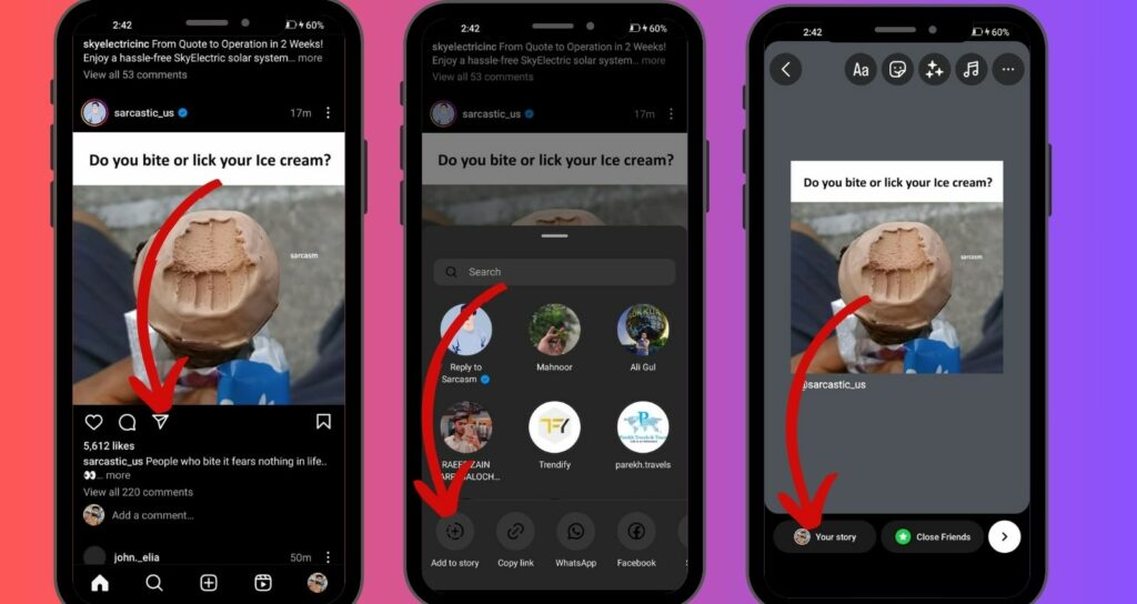 A sequence of three smartphone screens illustrating how to share a humorous Instagram post about ice cream preferences to one's own story.