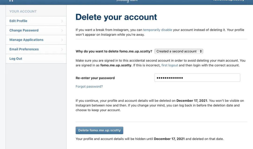 instagram account delete
